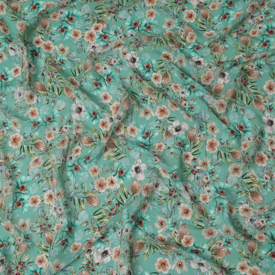 Mint Green Beige Floral Printed Viscose Crepe Fabric 110 Cms Width Soft Flowing Lightweight Dress Material India-D27924