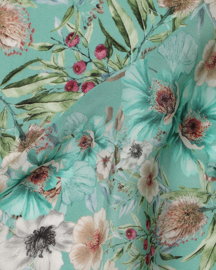 Mint Green Beige Floral Printed Viscose Crepe Fabric 110 Cms Width Soft Flowing Lightweight Dress Material India-D27924