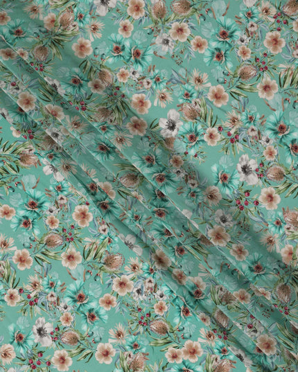 Mint Green Beige Floral Printed Viscose Crepe Fabric 110 Cms Width Soft Flowing Lightweight Dress Material India-D27924