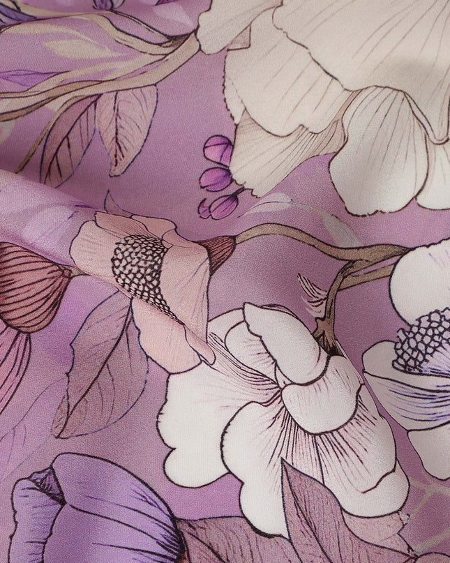 Lavender Pink Floral Printed Viscose Crepe Fabric 110 Cms Width Soft Flowing Lightweight Dress Material India-D27925