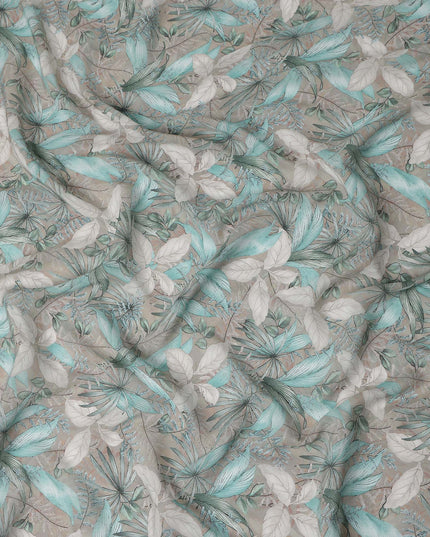 Teal Green Leaf Synthetic Crepe Fabric 110cm