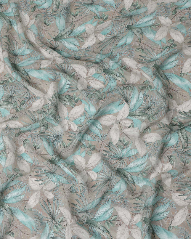 Teal Green Leaf Synthetic Crepe Fabric 110cm