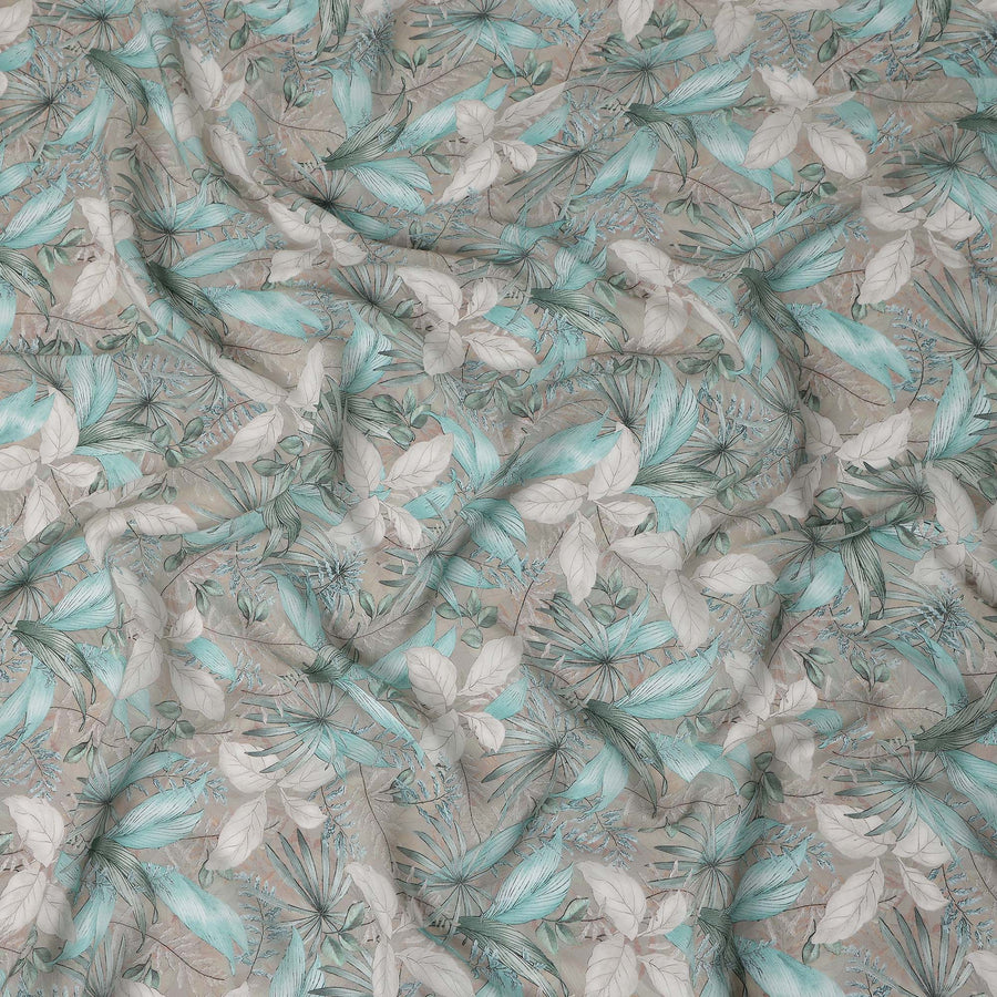 Teal Green Leaf Synthetic Crepe Fabric 110cm