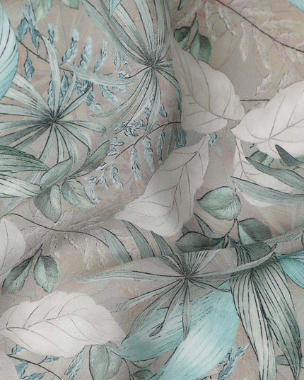 Teal Green Leaf Synthetic Crepe Fabric 110cm