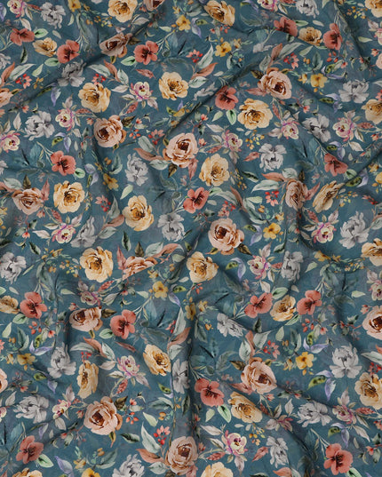 Teal Blue Floral Printed Viscose Crepe Fabric 110 Cms Width Soft Flowing Lightweight Dress Material India-D27932 Regal Fabrics