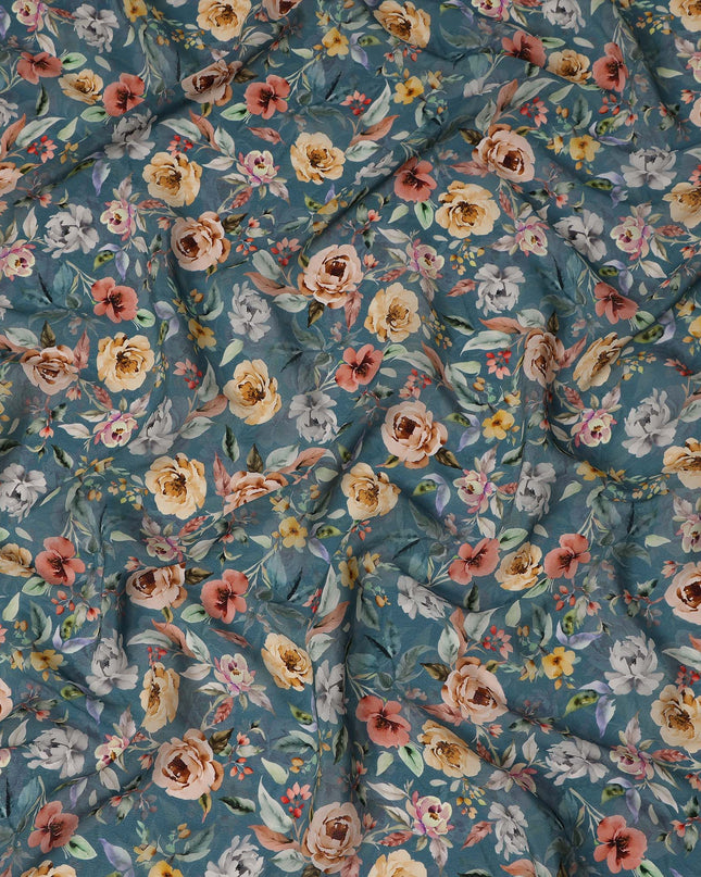 Teal Blue Floral Printed Viscose Crepe Fabric 110 Cms Width Soft Flowing Lightweight Dress Material India-D27932