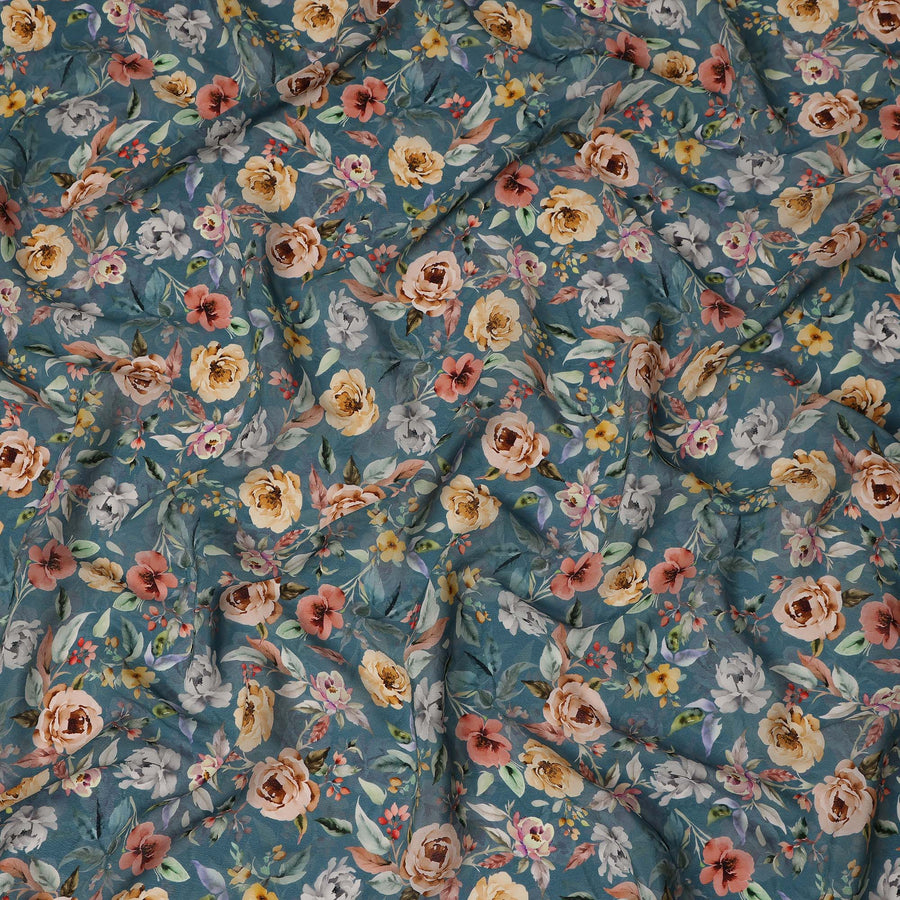 Teal Blue Floral Printed Viscose Crepe Fabric 110 Cms Width Soft Flowing Lightweight Dress Material India-D27932 Regal Fabrics