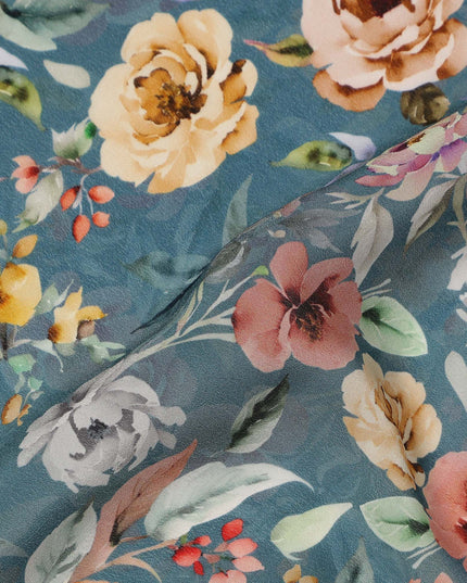 Teal Blue Floral Printed Viscose Crepe Fabric 110 Cms Width Soft Flowing Lightweight Dress Material India-D27932 Regal Fabrics