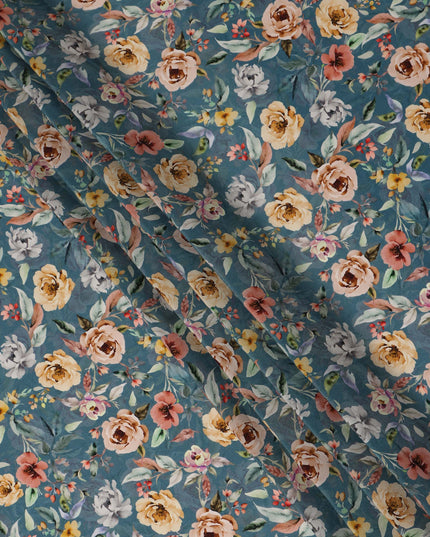 Teal Blue Floral Printed Viscose Crepe Fabric 110 Cms Width Soft Flowing Lightweight Dress Material India-D27932 Regal Fabrics