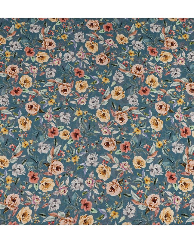 Teal Blue Floral Printed Viscose Crepe Fabric 110 Cms Width Soft Flowing Lightweight Dress Material India-D27932