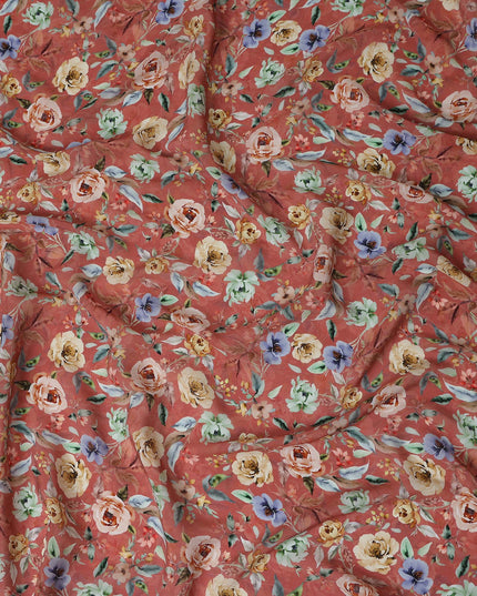 Terracotta Rust Red Floral Synthetic Crepe Fabric 110cm