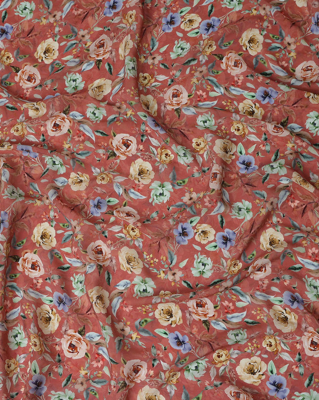 Terracotta Rust Red Floral Synthetic Crepe Fabric 110cm