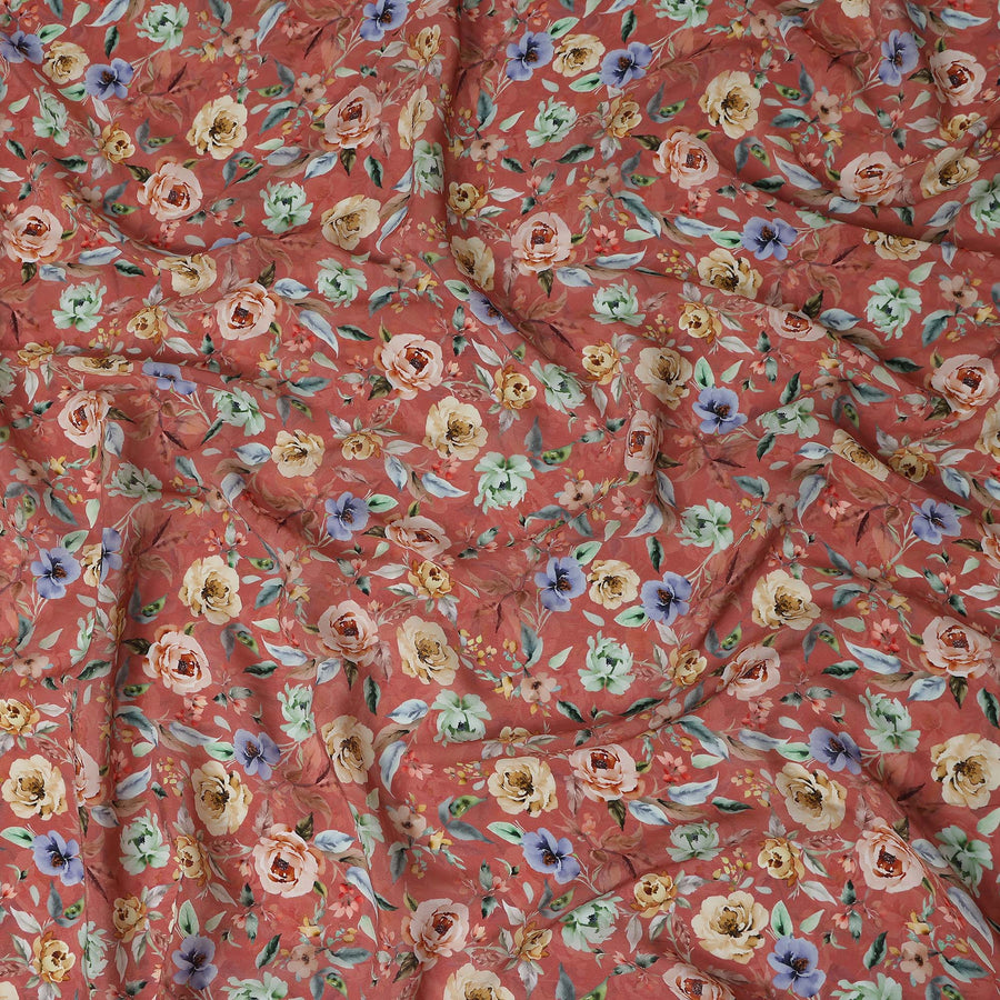 Terracotta Rust Red Floral Synthetic Crepe Fabric 110cm
