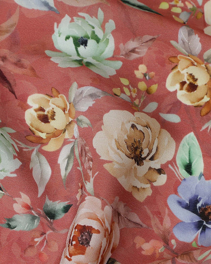 Terracotta Rust Red Floral Synthetic Crepe Fabric 110cm