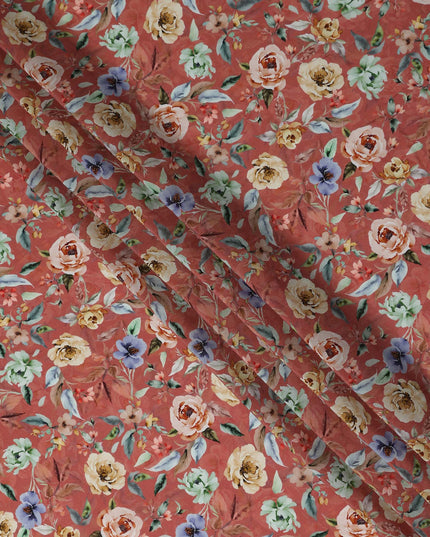 Terracotta Rust Red Floral Synthetic Crepe Fabric 110cm