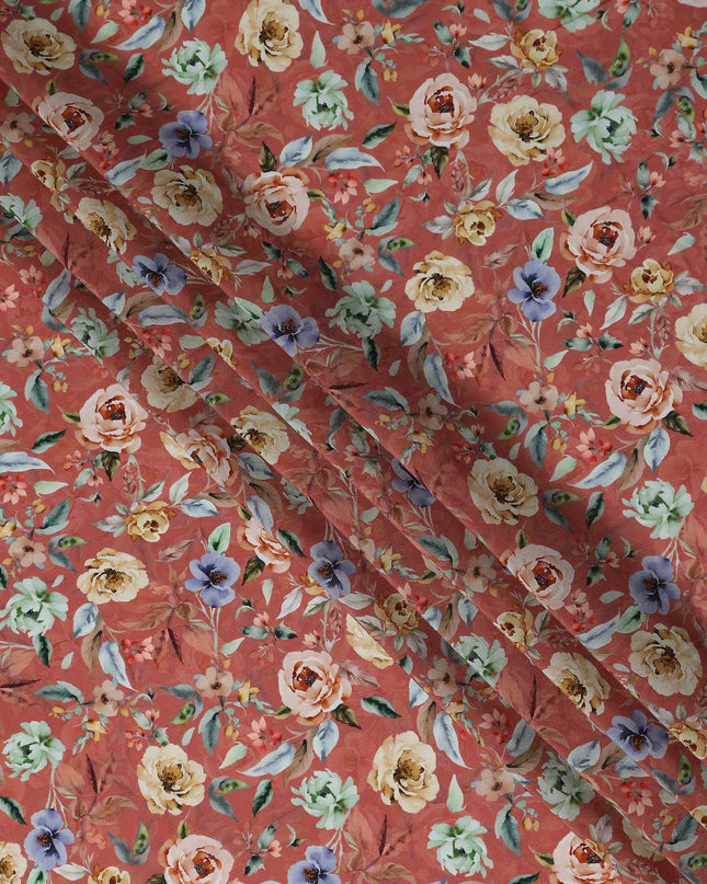 Terracotta Rust Red Floral Synthetic Crepe Fabric 110cm