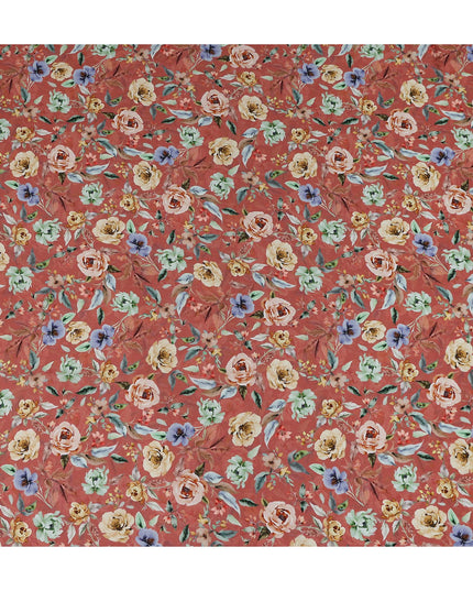 Terracotta Rust Red Floral Synthetic Crepe Fabric 110cm