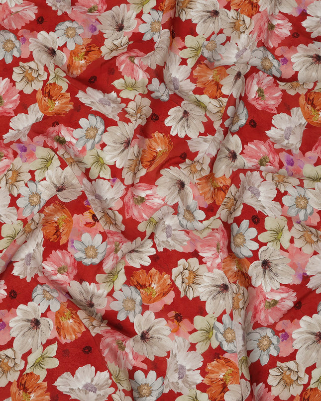 Red Multicolor Floral Allover Digital Print Viscose Crepe Fabric 110 Cms India-D26856