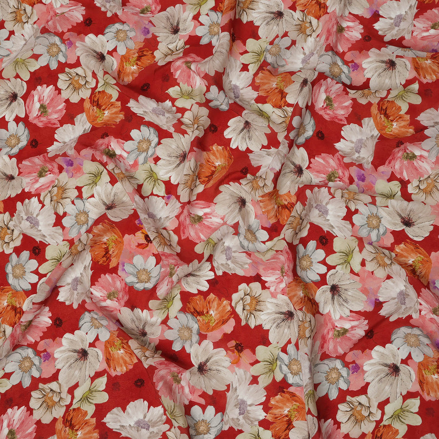 Red Multicolor Floral Allover Digital Print Viscose Crepe Fabric 110 Cms India-D26856