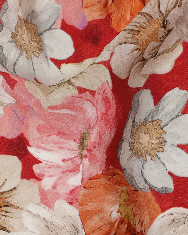 Red Multicolor Floral Allover Digital Print Viscose Crepe Fabric 110 Cms India-D26856