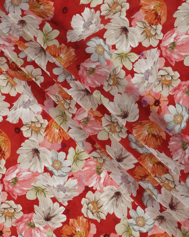 Red Multicolor Floral Allover Digital Print Viscose Crepe Fabric 110 Cms India-D26856
