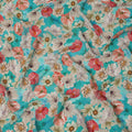 Turquoise Aqua Coral & Ivory Floral Printed Viscose Crepe Fabric 110 Cms India-D26859