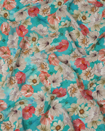 Turquoise Aqua Coral & Ivory Floral Printed Viscose Crepe Fabric 110 Cms India-D26859