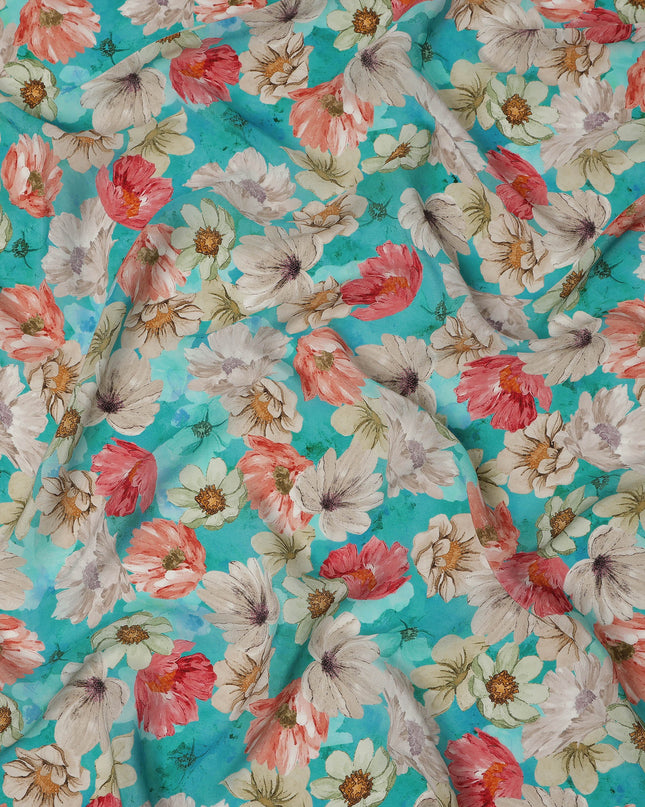 Turquoise Aqua Coral & Ivory Floral Printed Viscose Crepe Fabric 110 Cms India-D26859