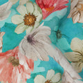 Turquoise Aqua Coral & Ivory Floral Printed Viscose Crepe Fabric 110 Cms India-D26859