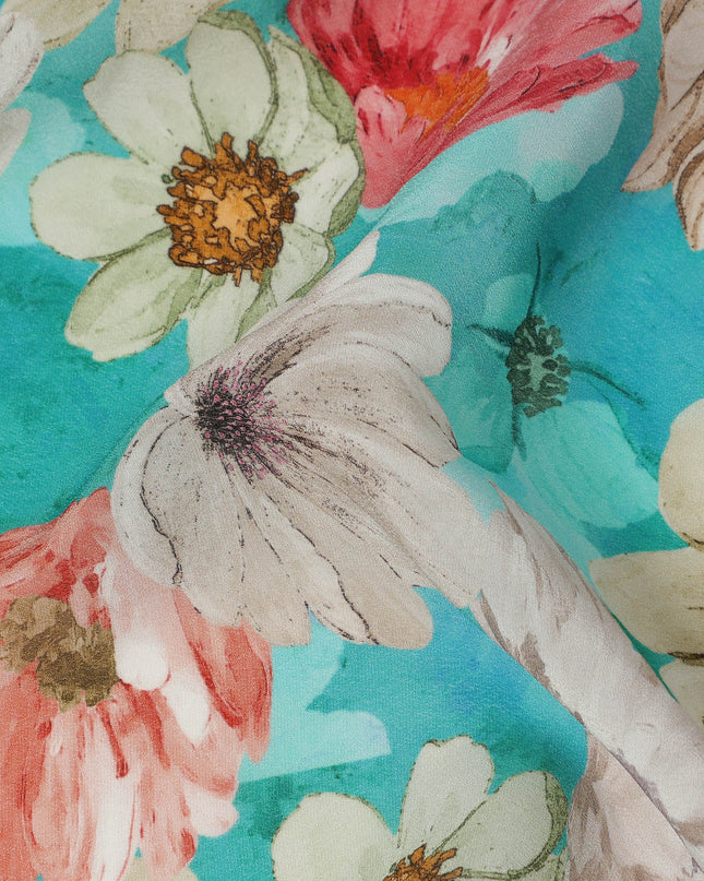 Turquoise Aqua Coral & Ivory Floral Printed Viscose Crepe Fabric 110 Cms India-D26859