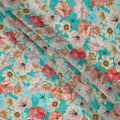 Turquoise Aqua Coral & Ivory Floral Printed Viscose Crepe Fabric 110 Cms India-D26859