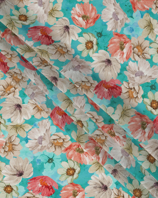 Turquoise Aqua Coral & Ivory Floral Printed Viscose Crepe Fabric 110 Cms India-D26859