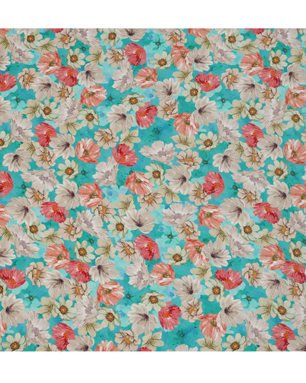 Turquoise Aqua Coral & Ivory Floral Printed Viscose Crepe Fabric 110 Cms India-D26859