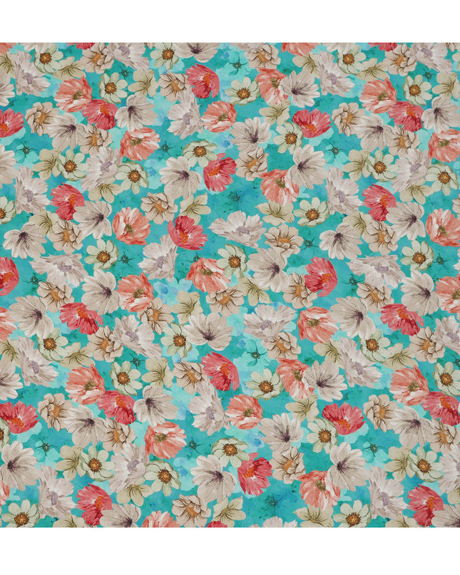 Turquoise Aqua Coral & Ivory Floral Printed Viscose Crepe Fabric 110 Cms India-D26859