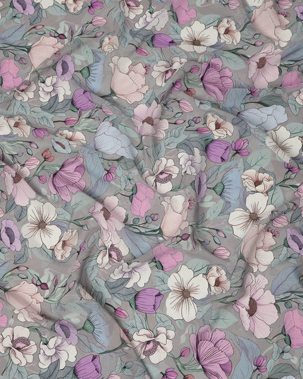 Grey Pastel Floral Allover Digital Print Viscose Crepe Fabric 110 Cms India-D26853