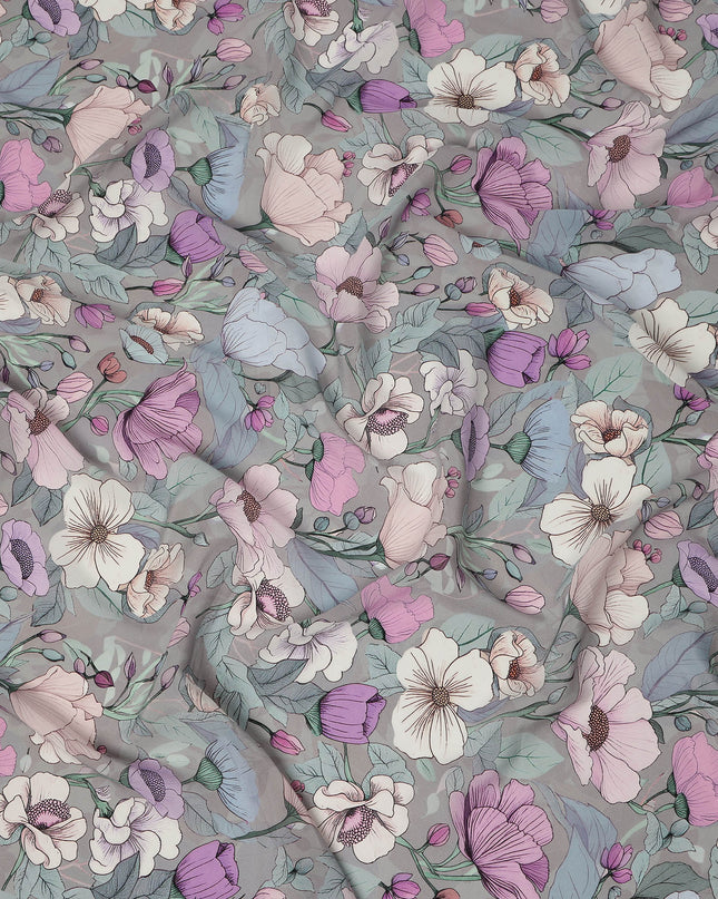 Grey Pastel Floral Allover Digital Print Viscose Crepe Fabric 110 Cms India-D26853