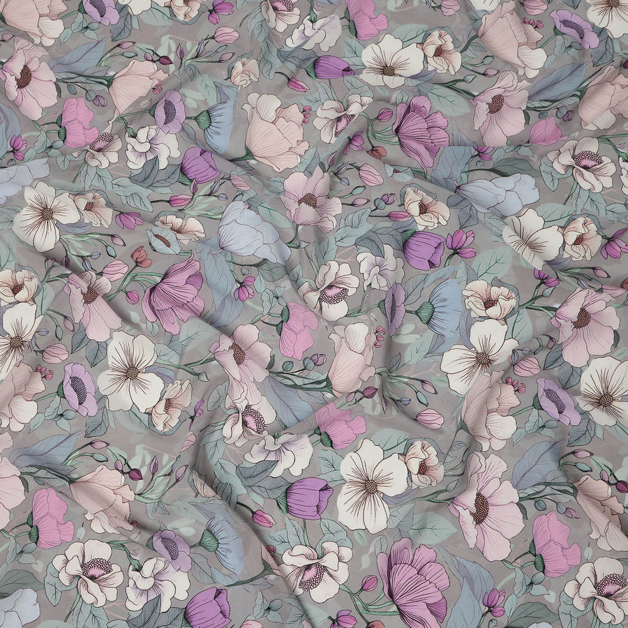 Grey Pastel Floral Allover Digital Print Viscose Crepe Fabric 110 Cms India-D26853