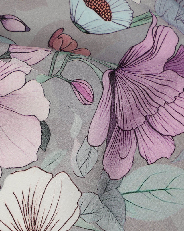 Grey Pastel Floral Allover Digital Print Viscose Crepe Fabric 110 Cms India-D26853