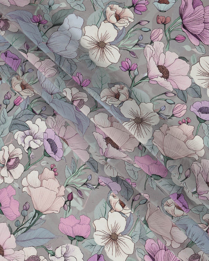 Grey Pastel Floral Allover Digital Print Viscose Crepe Fabric 110 Cms India-D26853
