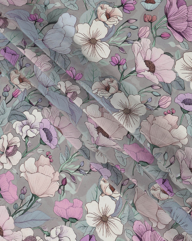Grey Pastel Floral Allover Digital Print Viscose Crepe Fabric 110 Cms India-D26853