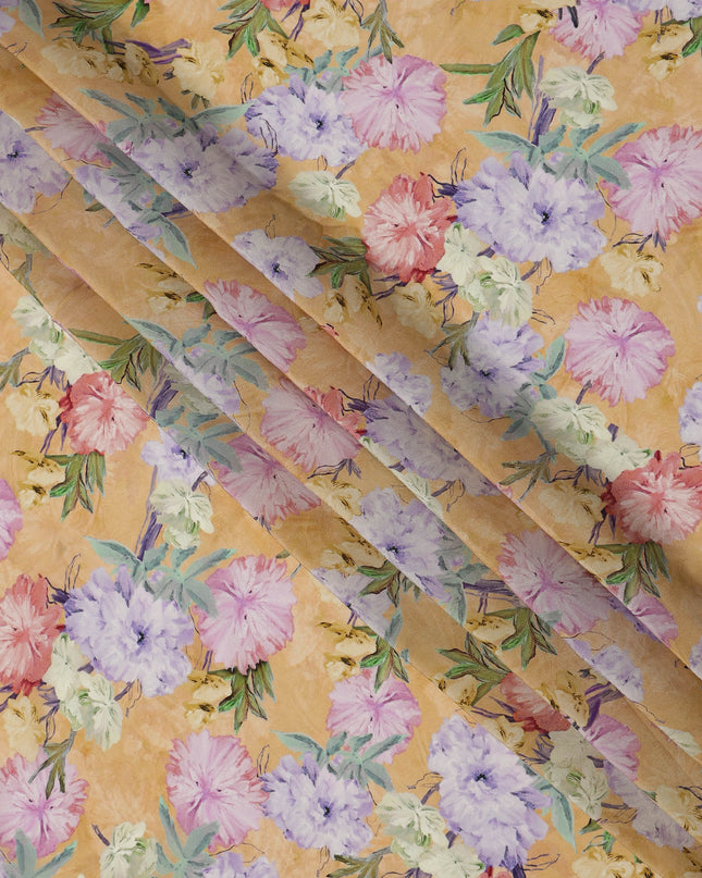 Mustard Pastel Floral Allover Printed Viscose Crepe Fabric, 110 Cms, India-D27067