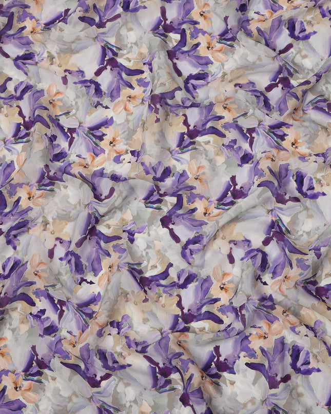 Grey Purple Floral Printed Viscose Crepe Fabric 110 Cms Width Soft Flowing Lightweight Dress Material India-D27928
