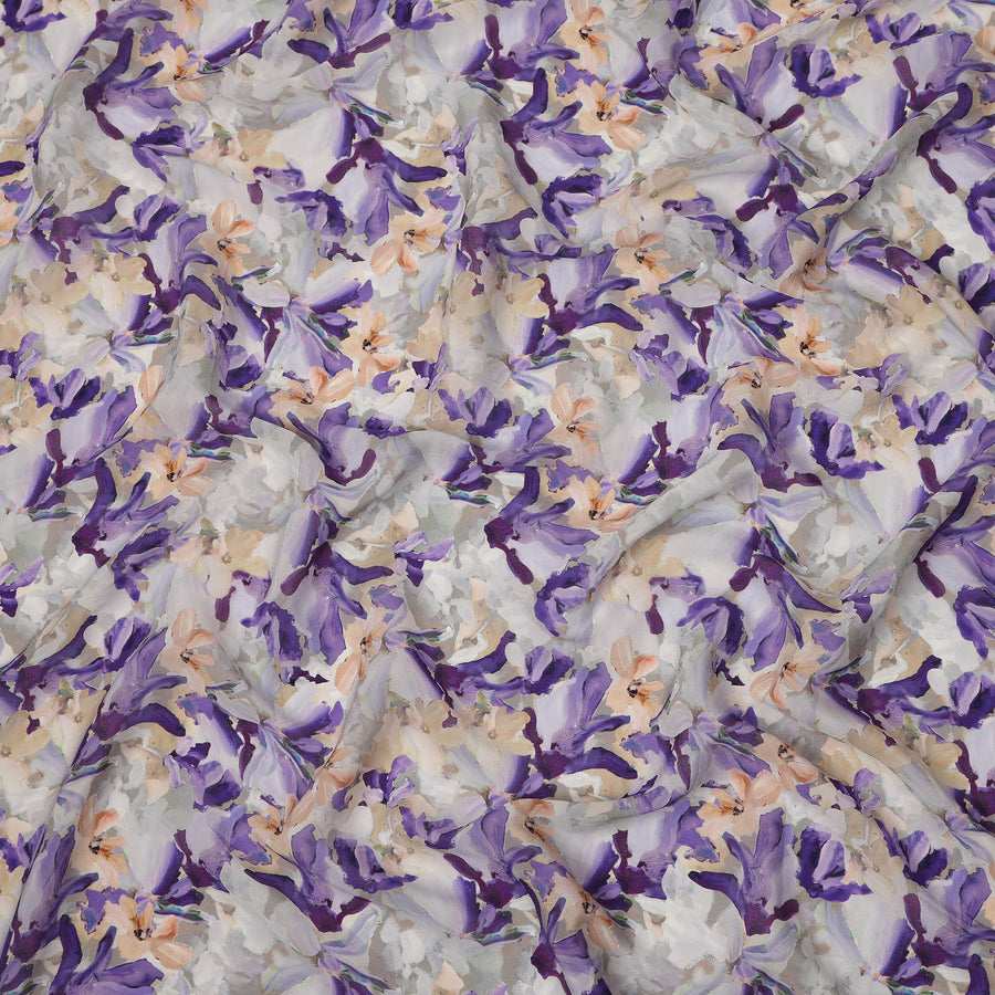 Grey Purple Floral Printed Viscose Crepe Fabric 110 Cms Width Soft Flowing Lightweight Dress Material India-D27928