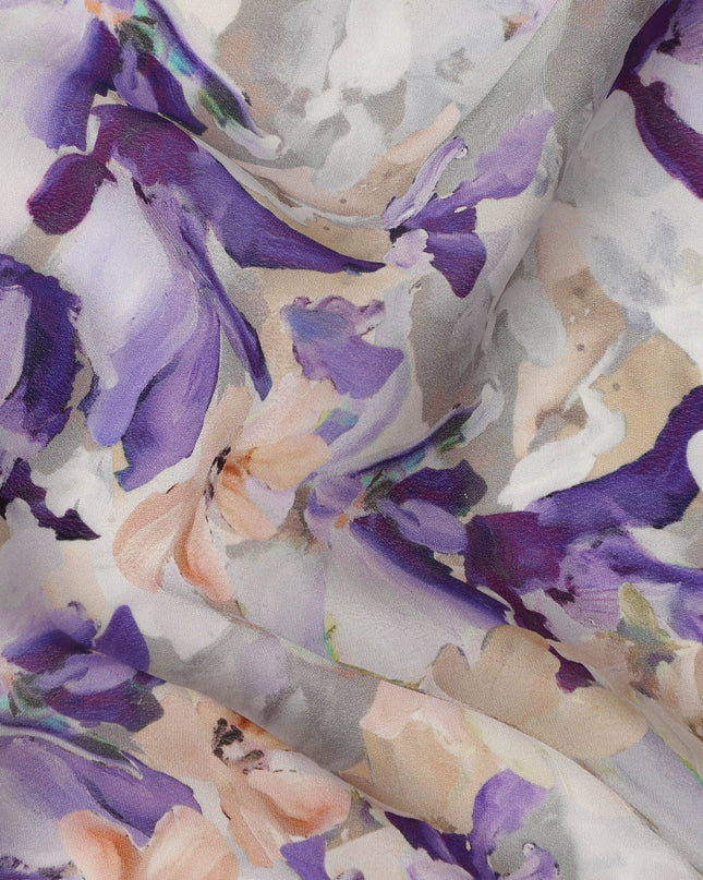 Light Grey Purple Floral Abstract Printed Viscose Crepe Fabric, 110 Cms, India-D27070