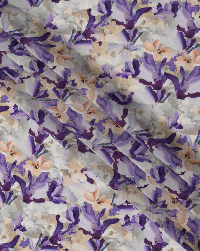 Light Grey Purple Floral Abstract Printed Viscose Crepe Fabric, 110 Cms, India-D27070