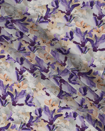 Grey Purple Floral Printed Viscose Crepe Fabric 110 Cms Width Soft Flowing Lightweight Dress Material India-D27928