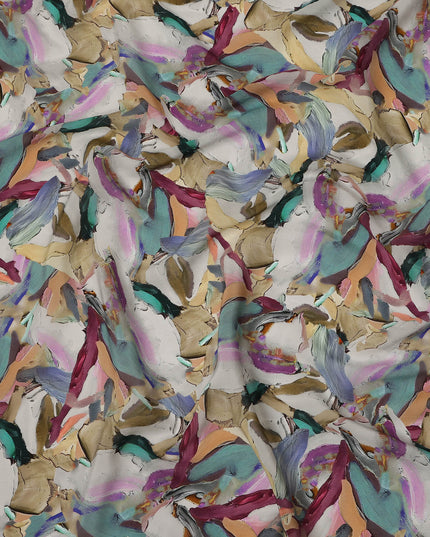 Beige Multicolor Abstract Brush Print Viscose Crepe Fabric 110 Cms India-D27009