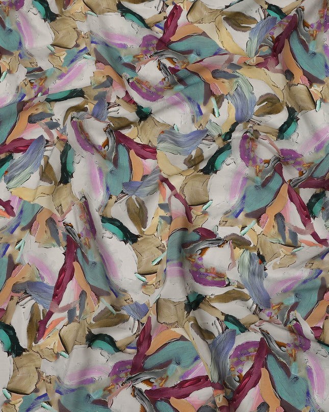 Ivory Multicolor Abstract Brushstroke Printed Viscose Crepe Fabric, 110 Cms, India-D27066
