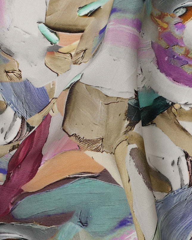 Beige Multicolor Abstract Brush Print Viscose Crepe Fabric 110 Cms India-D27009