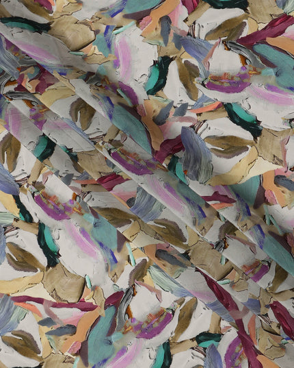 Beige Multicolor Abstract Brush Print Viscose Crepe Fabric 110 Cms India-D27009